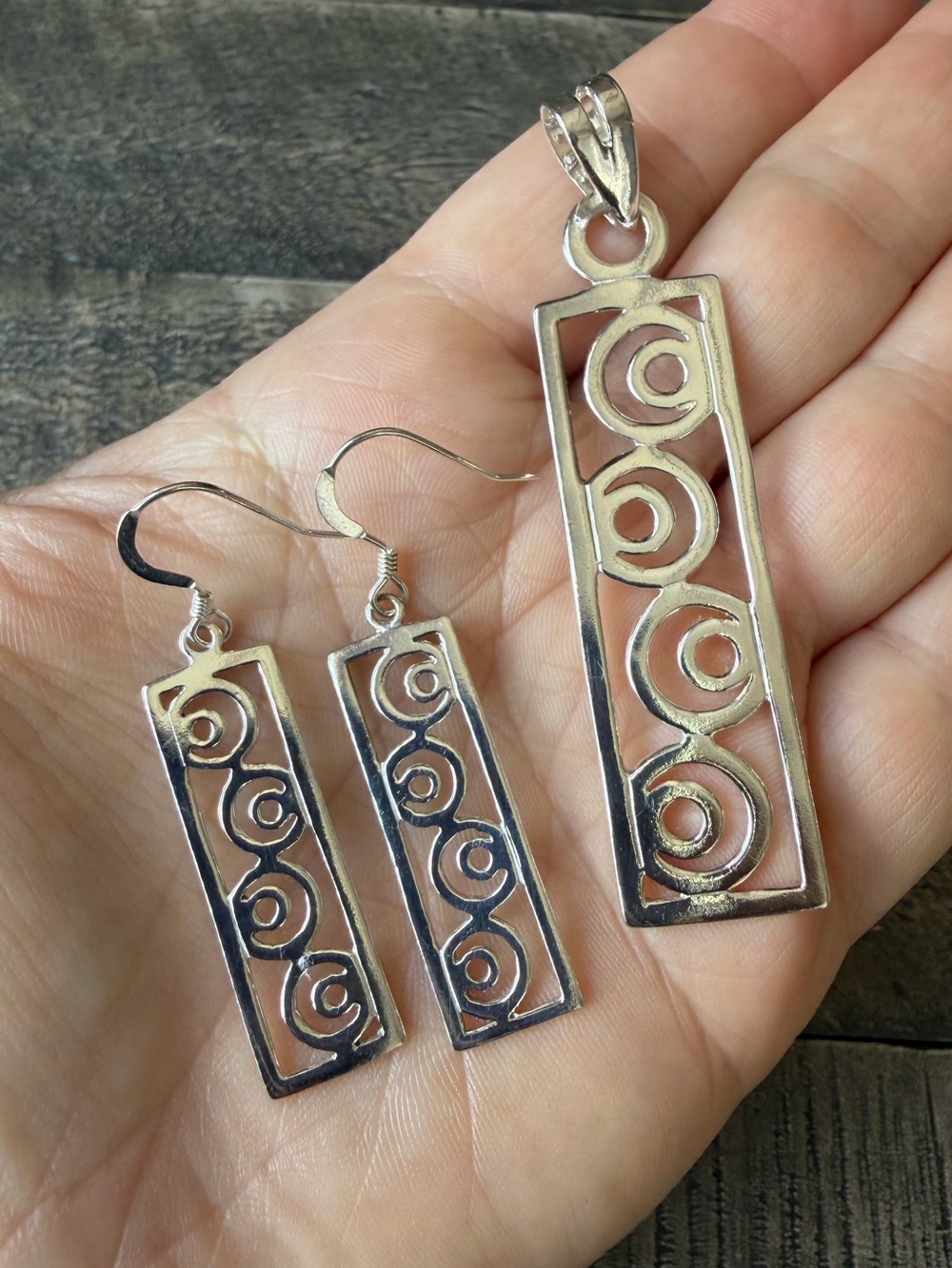 Sterling Silver Rectangular Swirl Pendant & Earrings Set - Silver